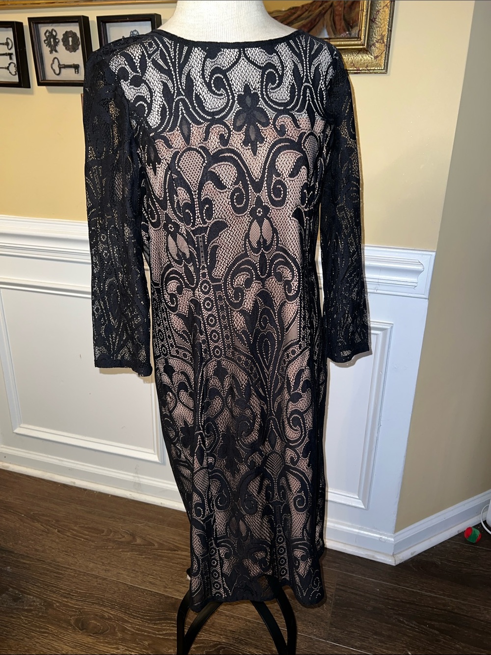 Adrianna Papell Black Lace Overlay Dress with Nude Lining